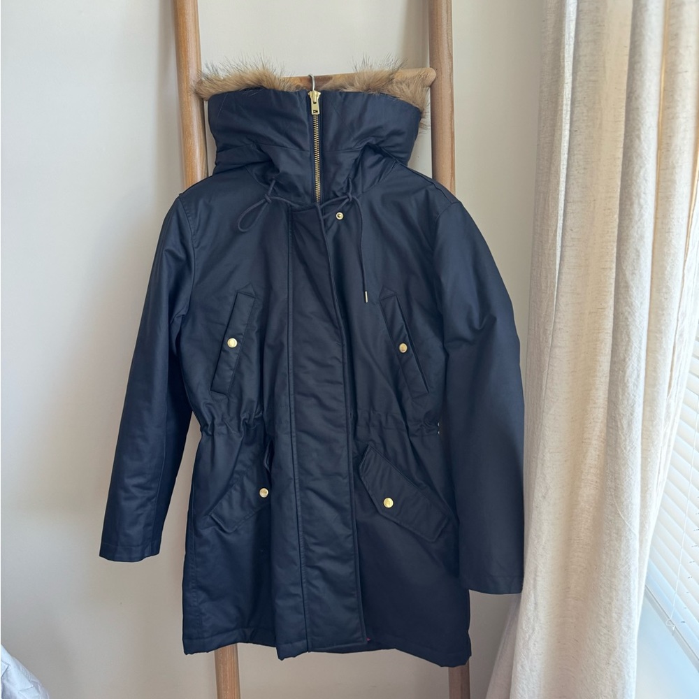 J Crew Perfect Winter Waxed Parka Primaloft Faux Fur Small in Navy